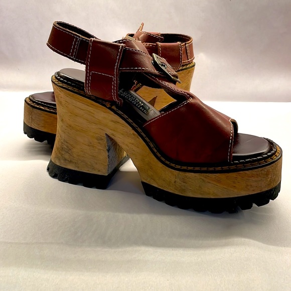 Sold-London Underground Chunky Wood Heel Platform Brown Leather Sandals Vintage - Picture 5 of 14